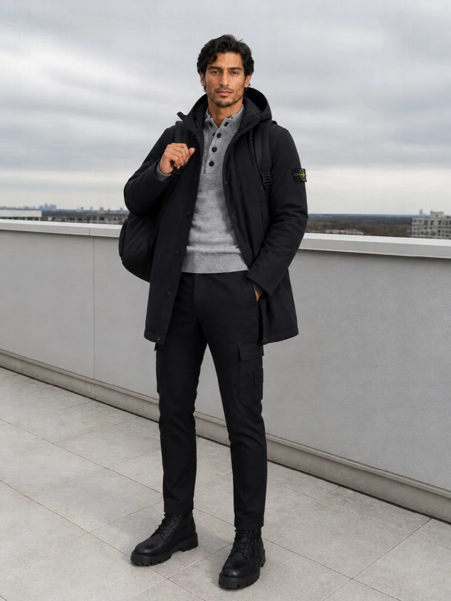 Stone island parka cargo pants winter boots