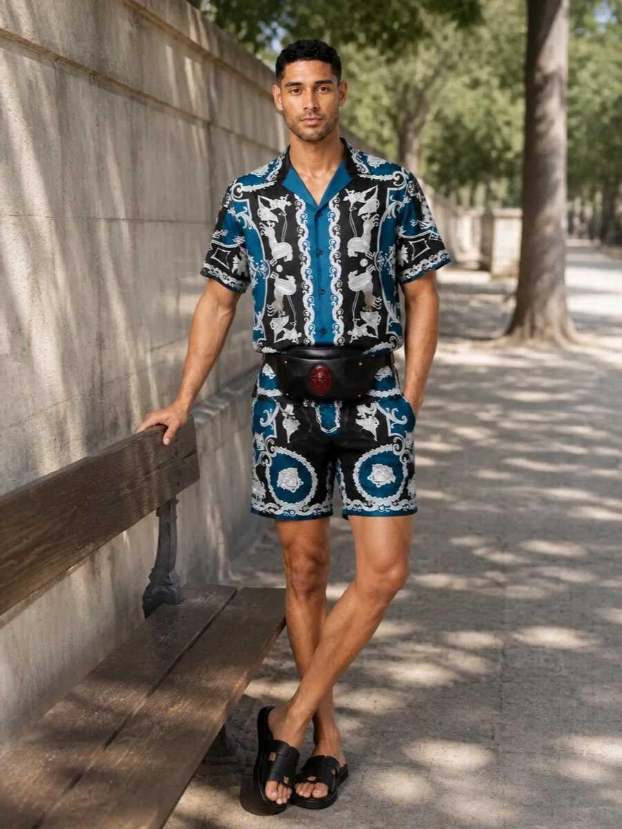 Versace baroque shirt shorts black leather slides