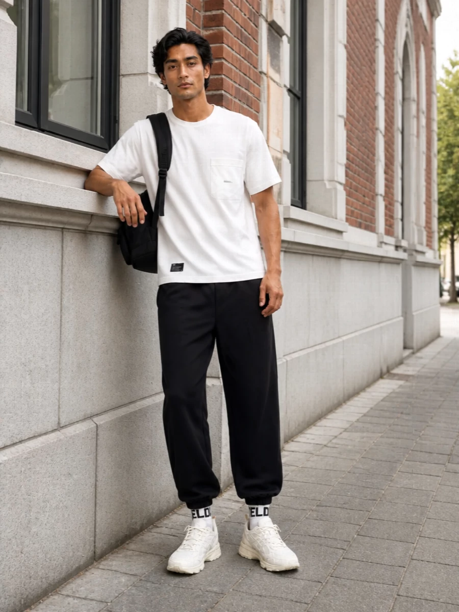 Optic white on top, black through the legs and backpack, and cream at the shoe keep this firmly in a clean monochrome zone with just a soft contrast at the floor. The relaxed Y-3 joggers and technical runners give the Oakley tee a quietly athletic context, ready for city days, travel, or post-gym layering. Logo hits stay discreet so the focus is on proportion and ease rather than branding noise.