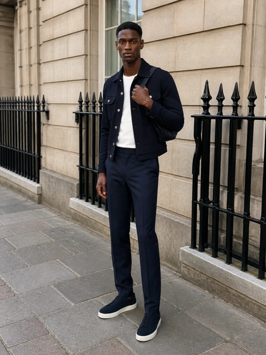 Courreges navy trucker tailored trousers outfit