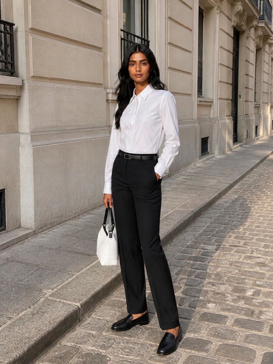Loewe white shirt the row black trousers outfit