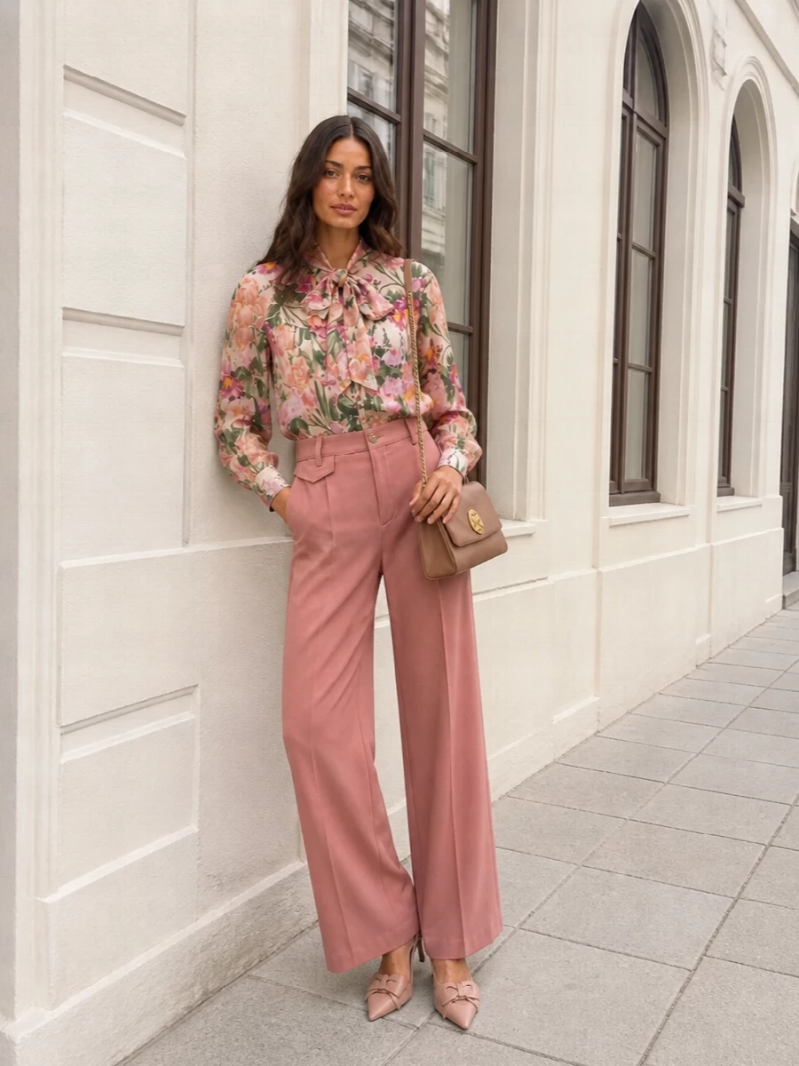 A romantic Chloé floral blouse meets dusty rose tailoring for a poised, softly colored outfit that still feels easy to wear. The nude slingback and camel shoulder bag keep the palette refined, letting the print and bow detail stay centre stage. A floral silk scarf ties the garden theme together without overwhelming the simplicity of the wide-leg silhouette.