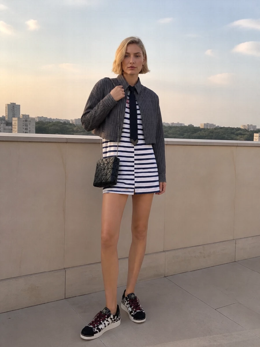 I’m treating the Pinko cropped check jacket as the outer layer over the Gaultier striped mini, leaning hard into a graphic, street-preppy club uniform rather than doubling up on suiting. Cow-print Adidas sneakers tie into the jacket’s deep tones and the dress’s burgundy accent, keeping it fast and irreverent. The Bao Bao crossbody finishes it with a sharp, futuristic edge that cuts through all the pattern for a clean, night-ready finish.