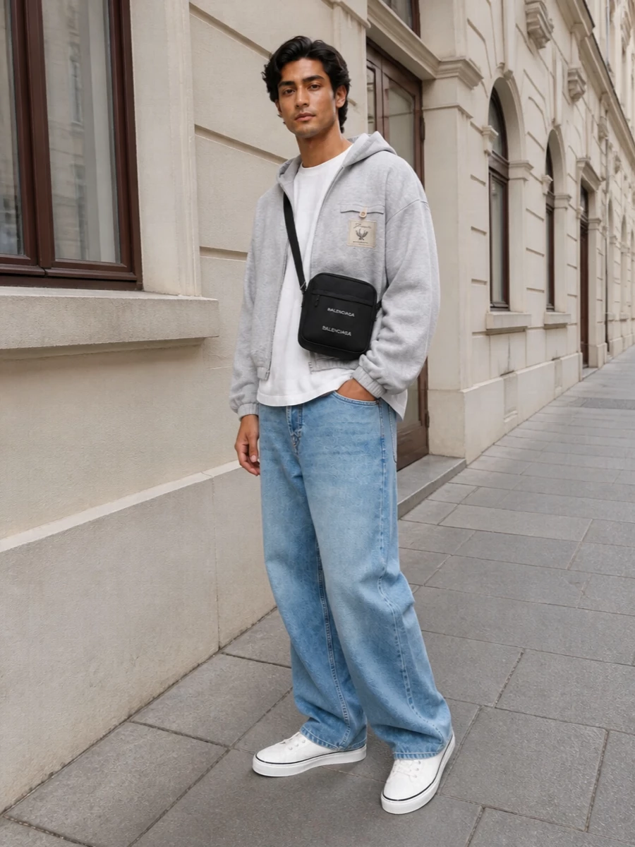 This look centers the cropped Jacquemus hoodie over an oversized white tee and loose light-wash denim for an easy, modern streetwear silhouette with Mediterranean softness. Off-white canvas sneakers keep everything airy and SS-appropriate, while the compact black Balenciaga crossbody injects a touch of urban polish and structure so the outfit feels considered rather than purely slouchy. The palette stays in calm greys, whites and pale blue, letting the proportions and textures do the talking.