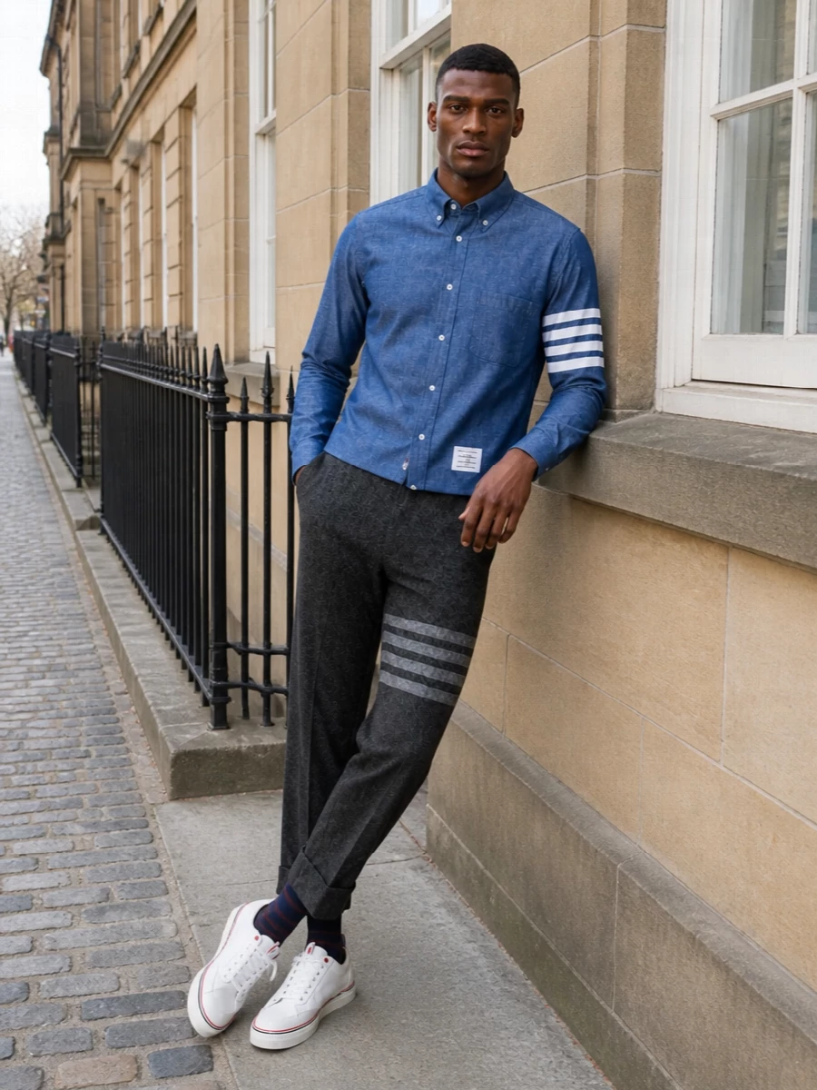 Chambray blue and cropped grey wool set up a clean Thom Browne uniform, where the four-bar detailing on shirt and trouser quietly talk to each other. The navy-tinged accessories and white sneakers keep the mood precise yet relaxed, ideal for polished off-duty or a casual office day. It is smart, graphic and disciplined without ever feeling stiff.