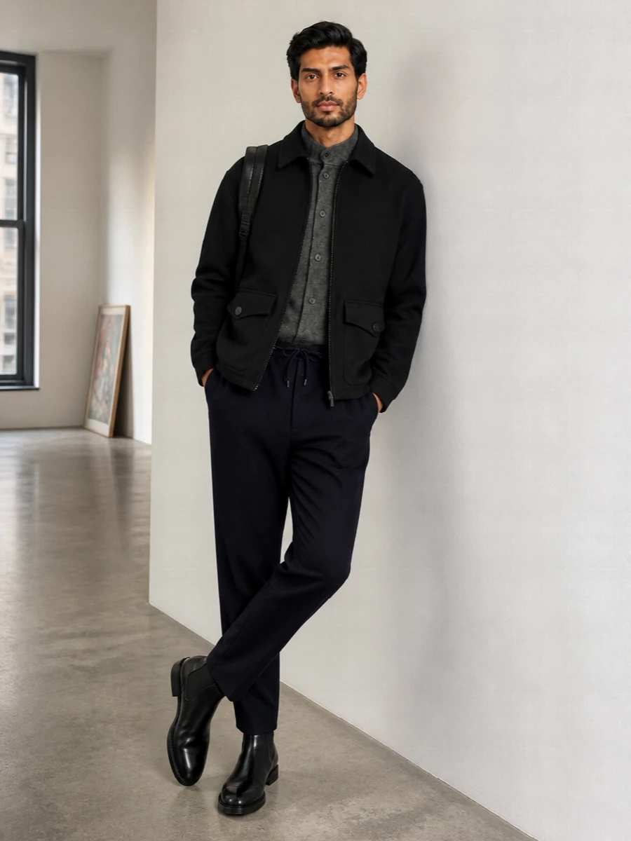 Giorgio armani black jacket navy trousers outfit