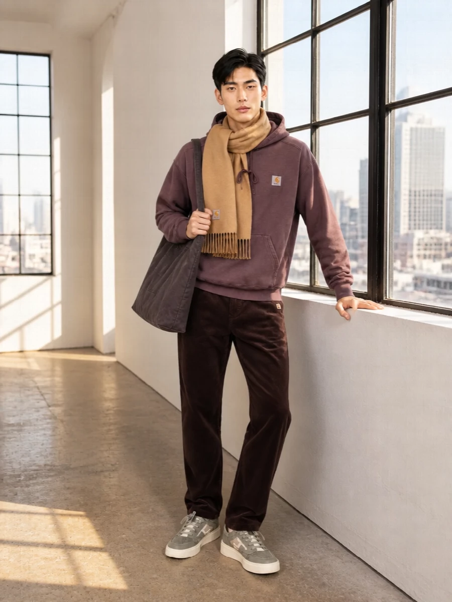 Carhartt plum hoodie brown corduroy pants sneakers