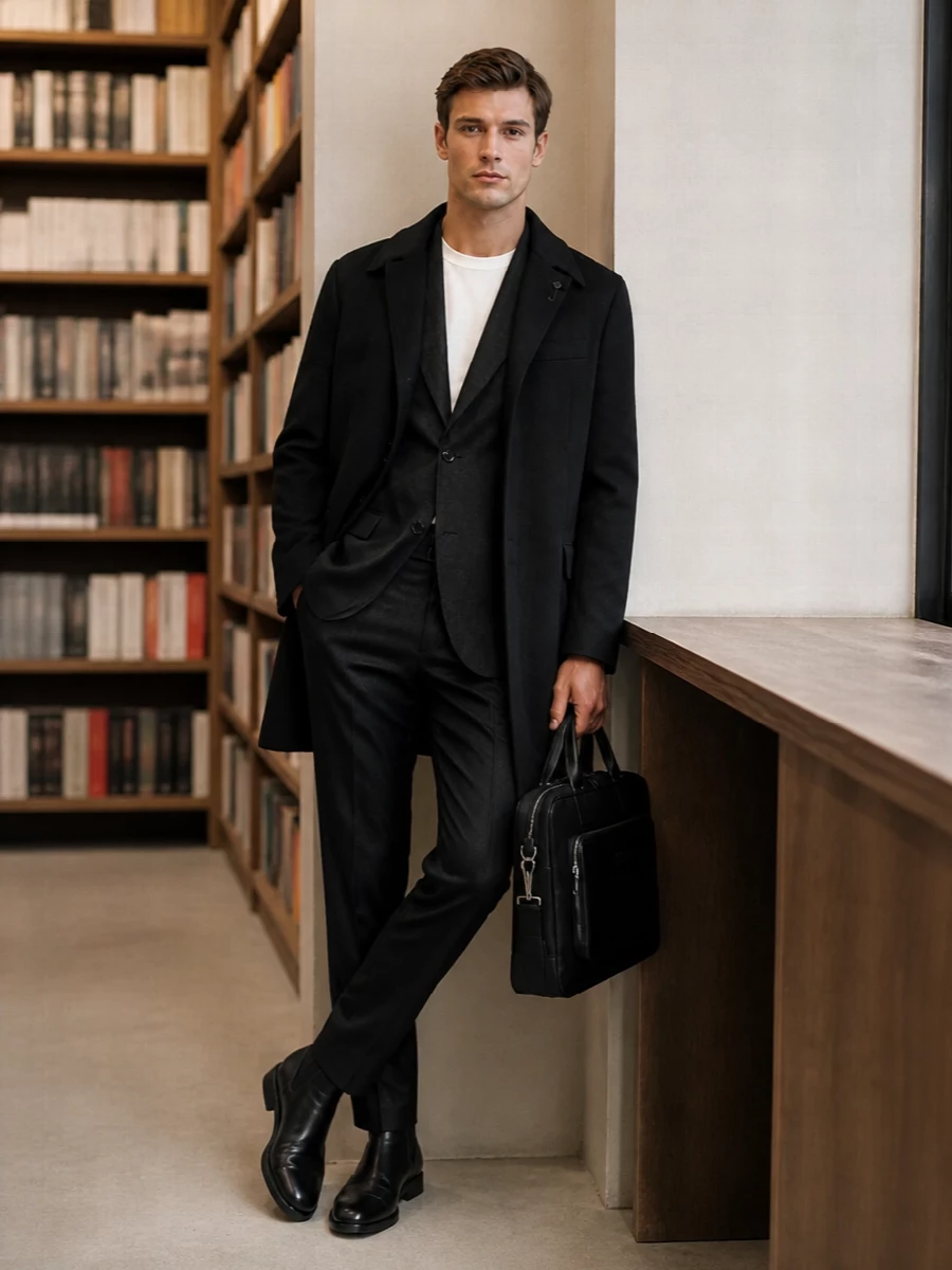 Lardini car coat black trousers derby shoes