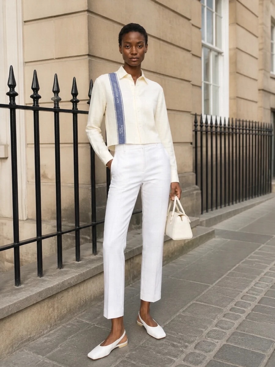 JW Anderson’s cropped shirt sits cleanly over soft-white tailored trousers for a precise, high-summer take on suiting that still feels relaxed. Flat ivory slingbacks keep the line sharp but unfussy, while a small sculptural tote in the same pale family reinforces the quiet, polished mood. The result is leggy, structured and discreetly graphic from the side stripe alone.