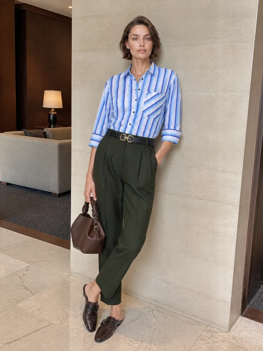 Ganni olive trousers striped shirt loafers