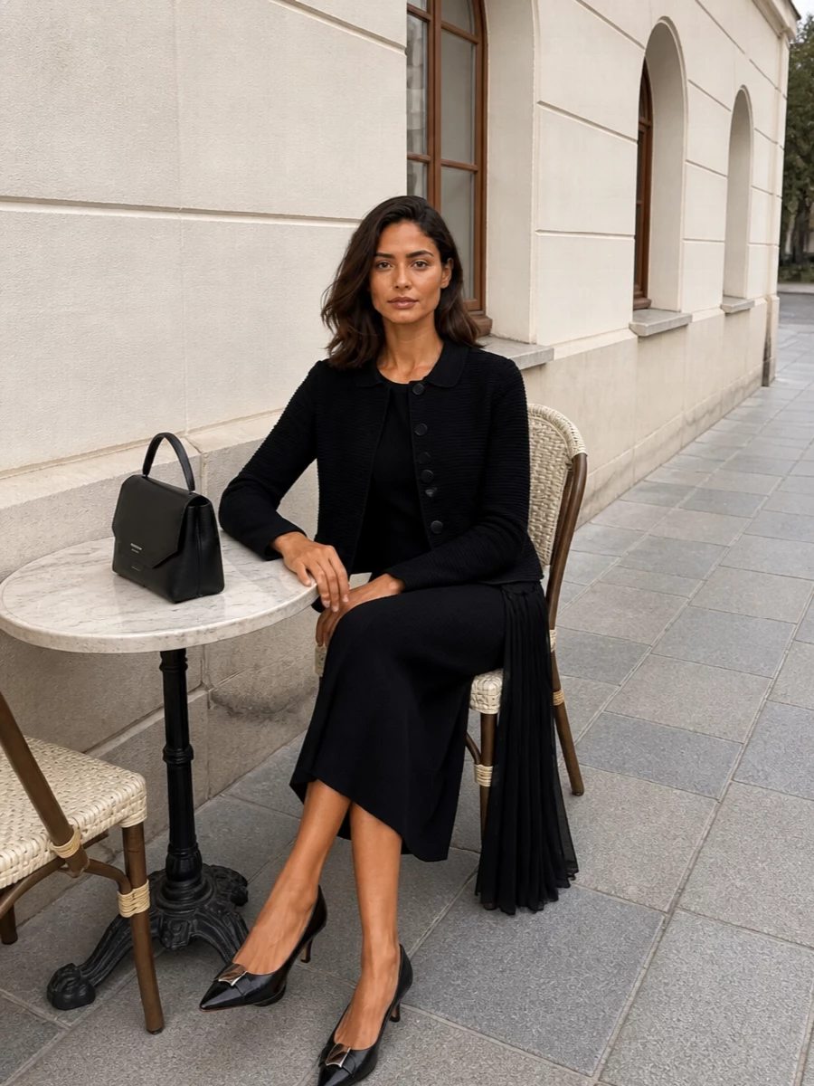 Emporio armani black knit midi dress outfit