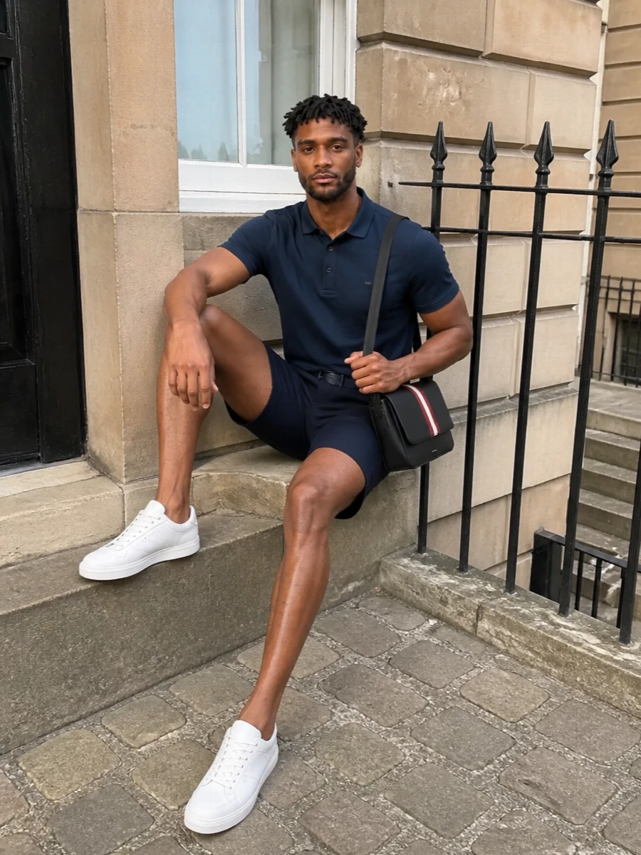 A deep navy polo pairs with crisp tailored navy shorts for a clean, tonal take on warm weather dressing that feels considered yet relaxed. Soft white Hogan sneakers keep the palette light and refined, while a structured Bally crossbody and slim navy belt add just enough polish for casual offices or city weekends.