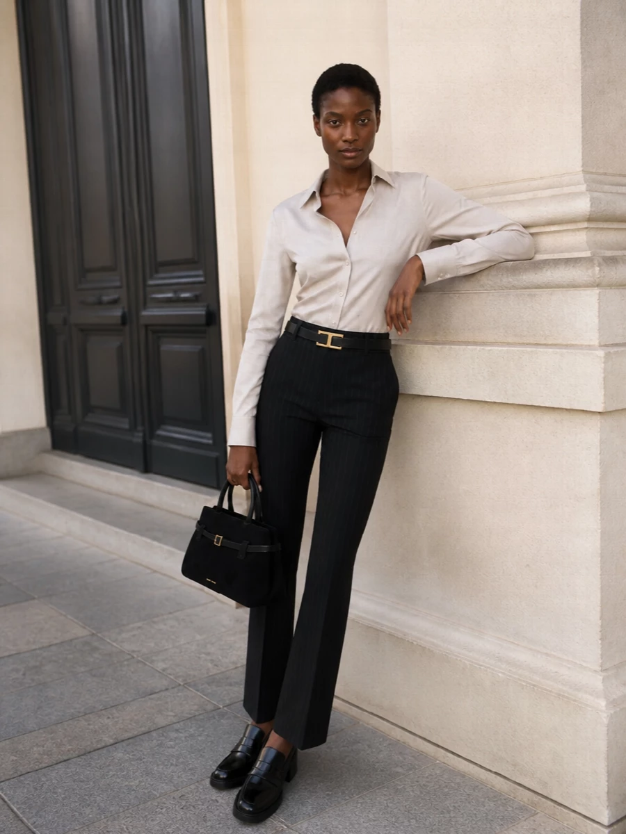 Andamane pinstripe trousers beige shirt outfit