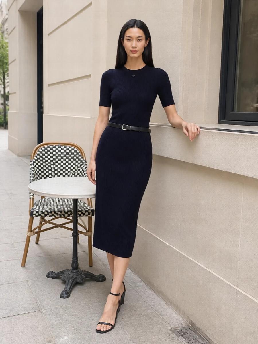 Courreges navy knit skirt outfit black wedges