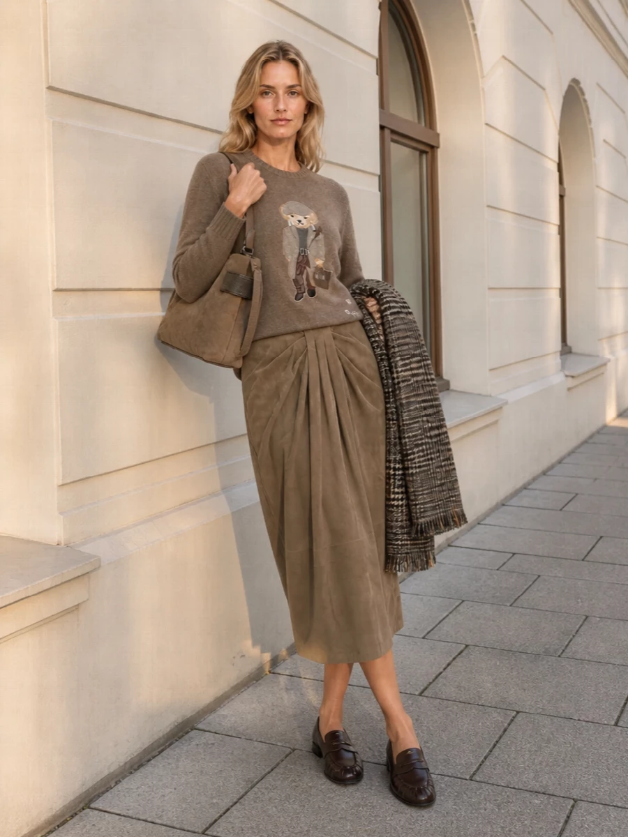 Ralph lauren bear sweater suede midi outfit