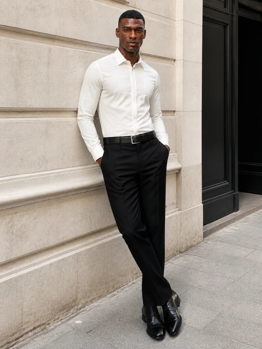 Valentino black trousers white shirt outfit
