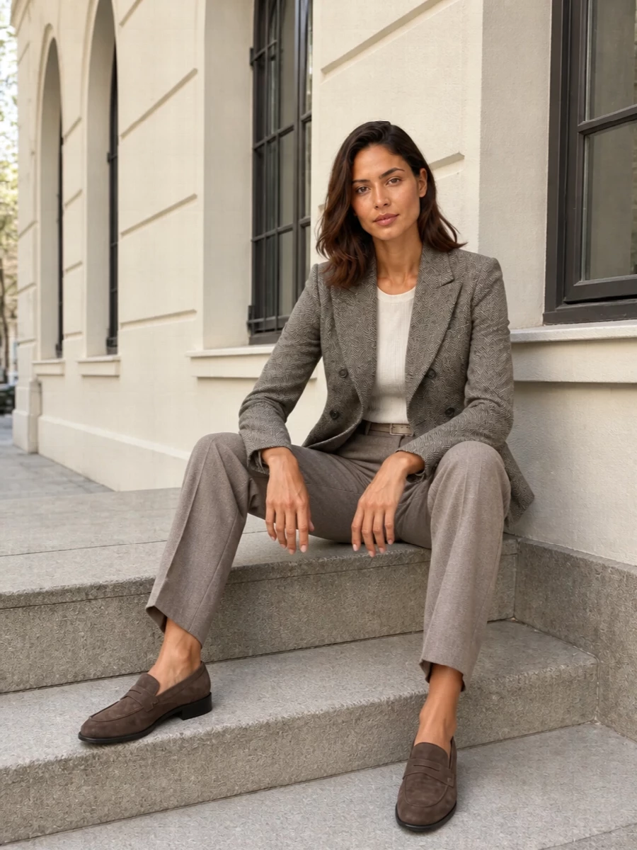Tagliatore taupe blazer tailored trousers outfit