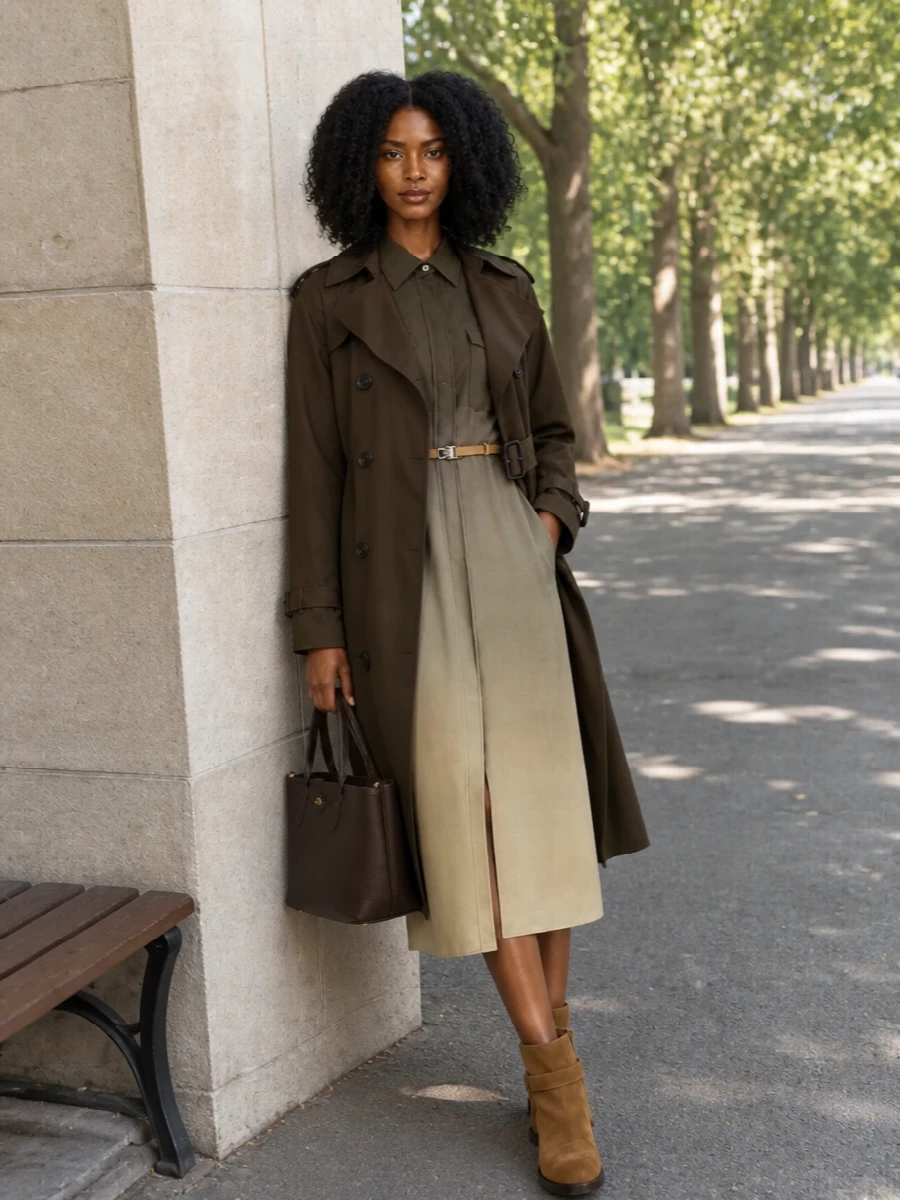 I chose the dress route so the Burberry trench and Prada shirt dress read as a clean, elongated uniform rather than competing with extra shirting and trouser details. The ombré olive-to-sand column underlines the coat’s military precision, while camel suede boots and a structured chocolate top-handle keep the palette rich and cohesive. The result is tailored, quietly authoritative and versatile enough for city days that run late.