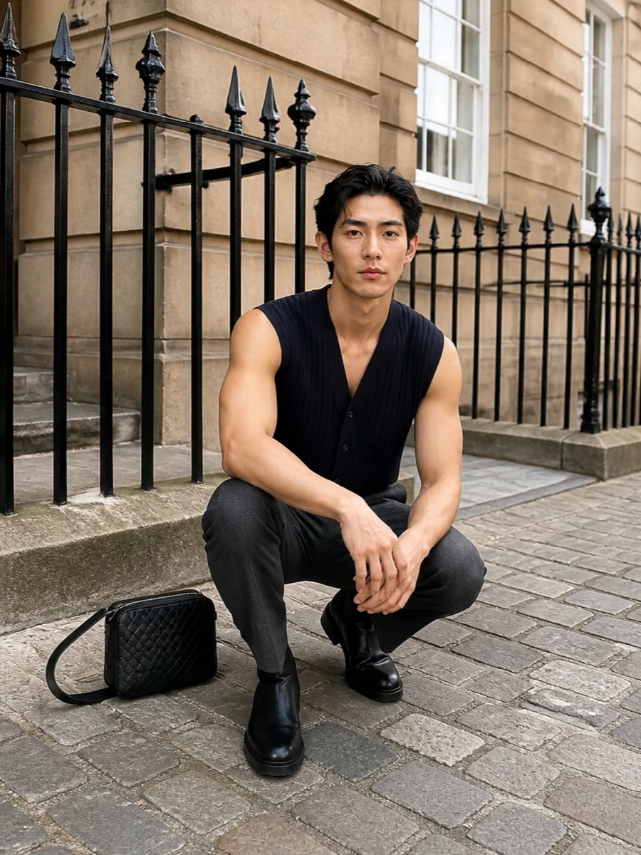 Deep navy and charcoal sit together in a restrained palette that feels precise rather than strict, giving the sleeveless cardigan a considered, almost academic sharpness. The pleated trouser and black Chelsea boots lengthen the line and keep the mood smart, while the intrecciato crossbody and subtle belt texture add just enough depth for quiet impact. It is a composed city uniform for someone who prefers their polish to register in cut and fabric rather than noise.