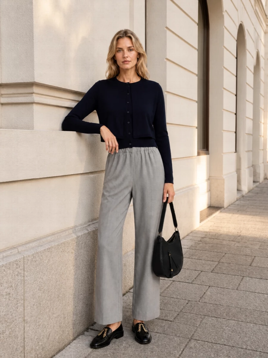 Loewe navy cardigan grey tailored trousers outfit