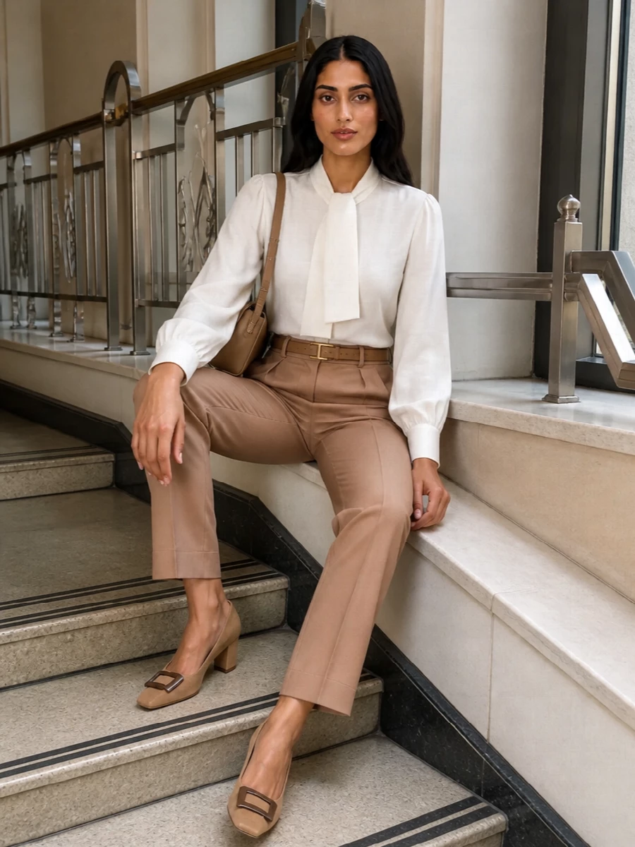 Camel tailoring stays sharp and modern here, anchored by the high-waisted trouser and an ivory tie-neck blouse for a clean, boardroom-appropriate contrast. Tonal camel accessories and a structured pump keep the line long, quietly polished and unified without feeling over-styled. The result is a warm, minimalist power ensemble that moves easily from client meetings to dinner reservations.