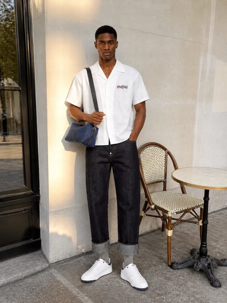 Kenzo shirt raw denim jeans white sneakers
