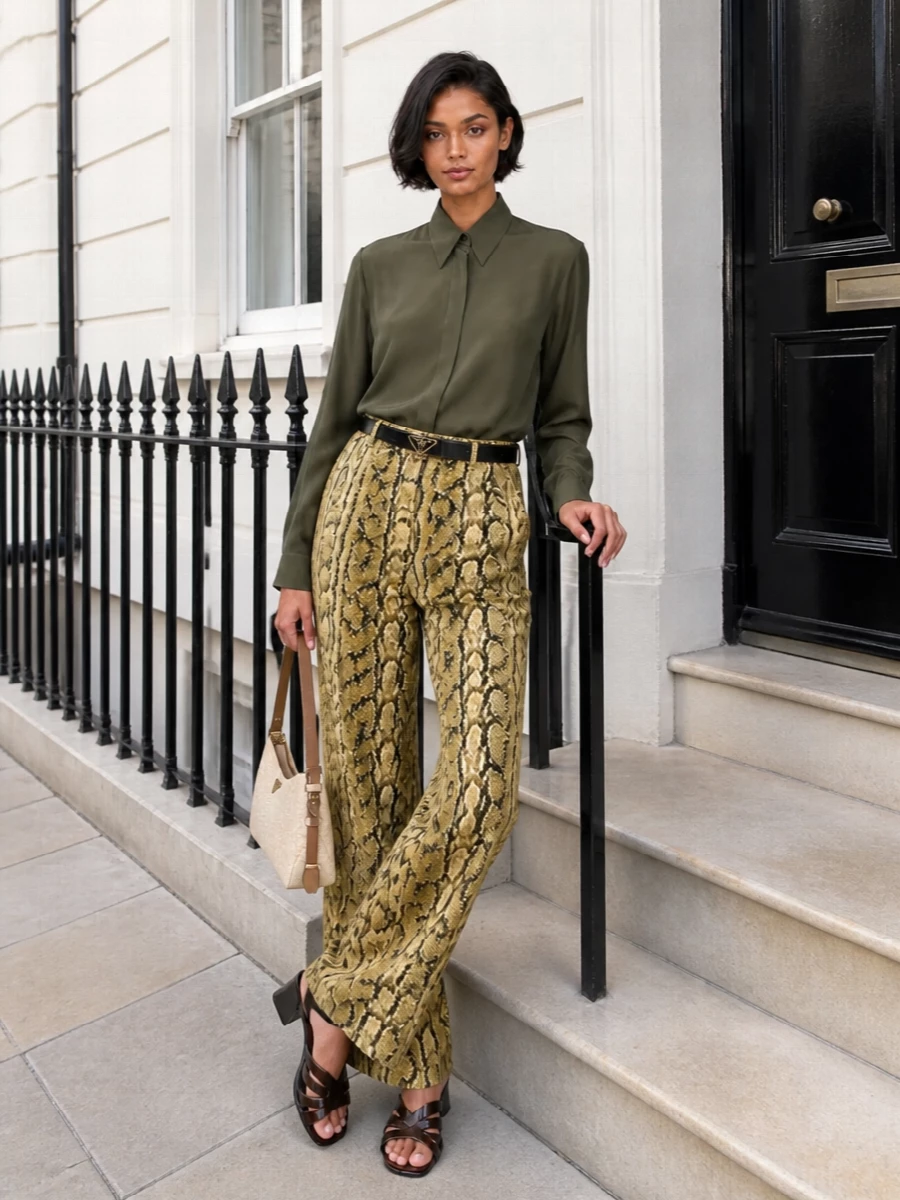 Dries van noten python trousers olive shirt outfit