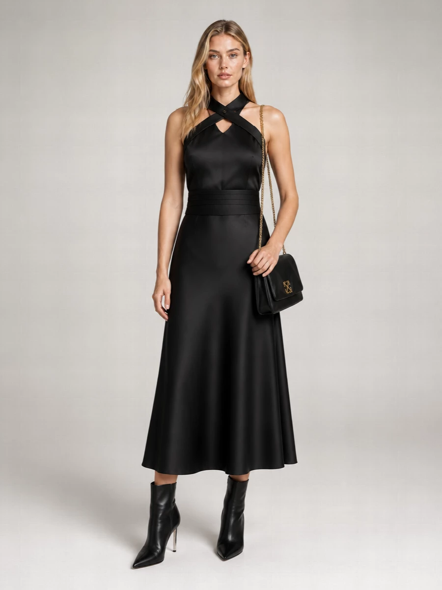 Off-White Satin Sleeveless V-Neck Cutout Midi Dress