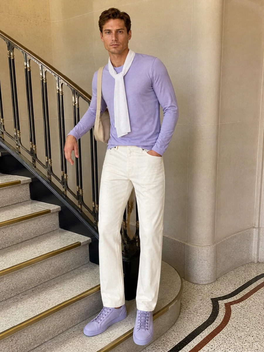 Zegna ivory trousers lavender tee tods sneakers