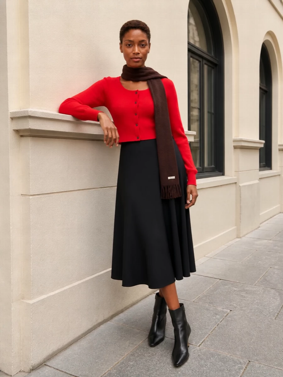Jacquemus red cardigan black midi skirt outfit