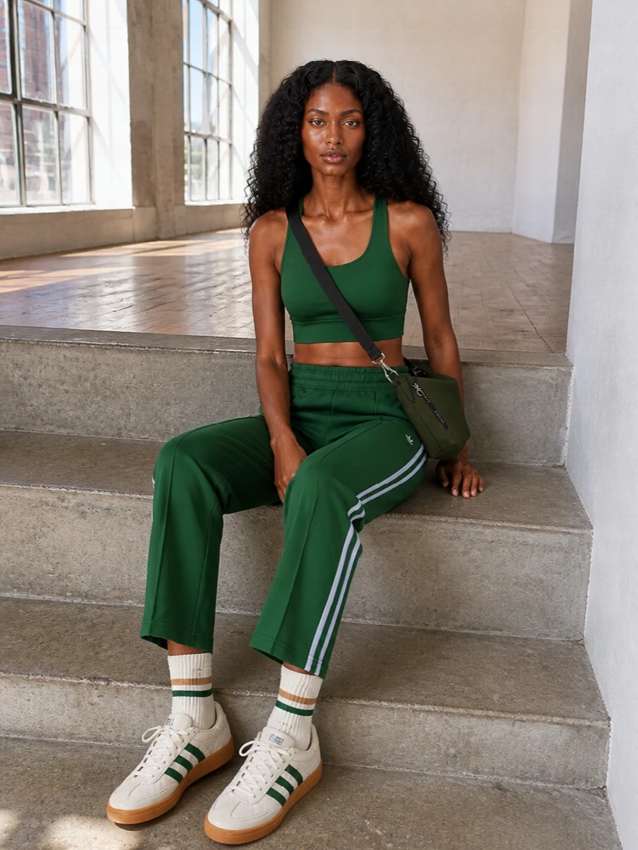 Adidas green track pants nike crop top outfit
