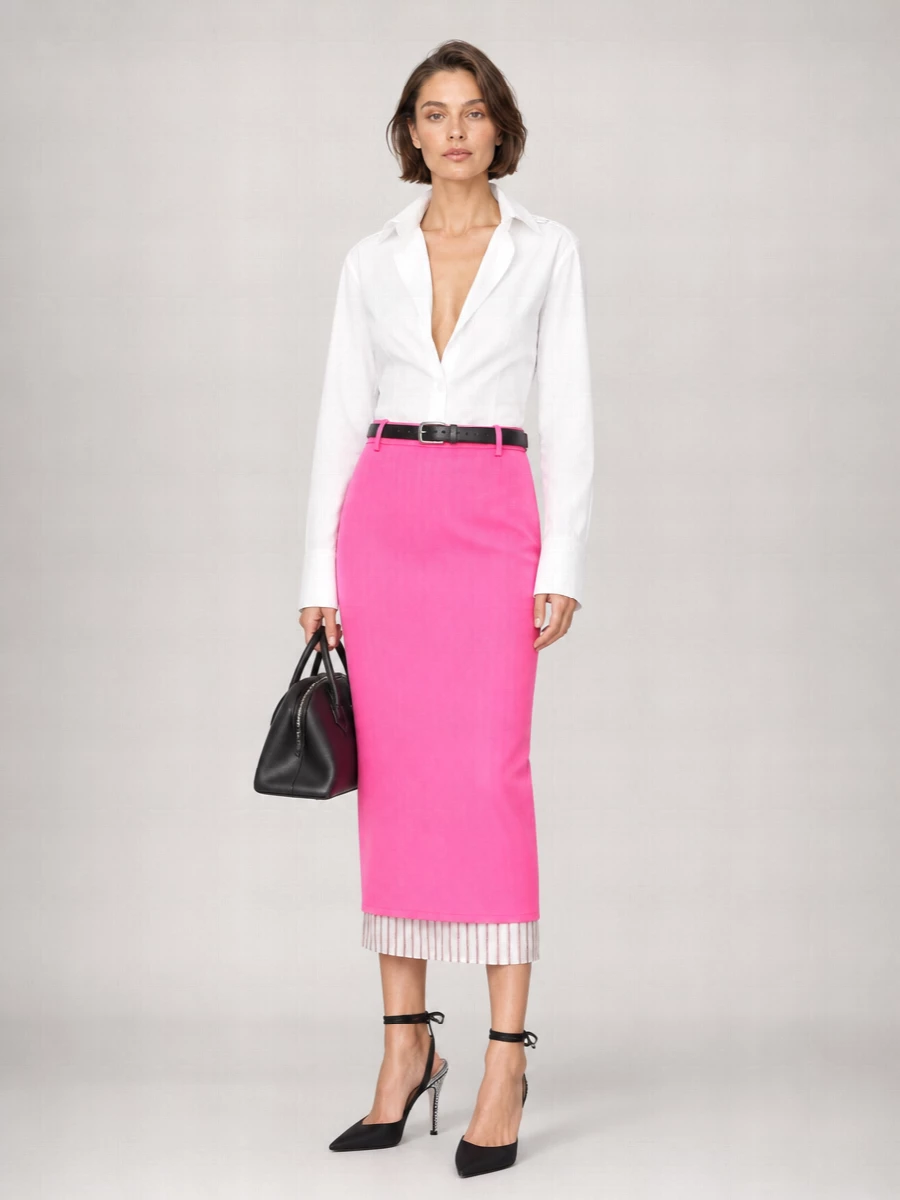 A vivid pink pencil skirt meets a sharp cropped white shirt for a tailored take on after-hours color. Black crystal-heel sandals and a structured mini top-handle frame the brightness with graphic polish, while a slim belt crisps the waist and keeps the silhouette intentional from desk to rooftop drinks.