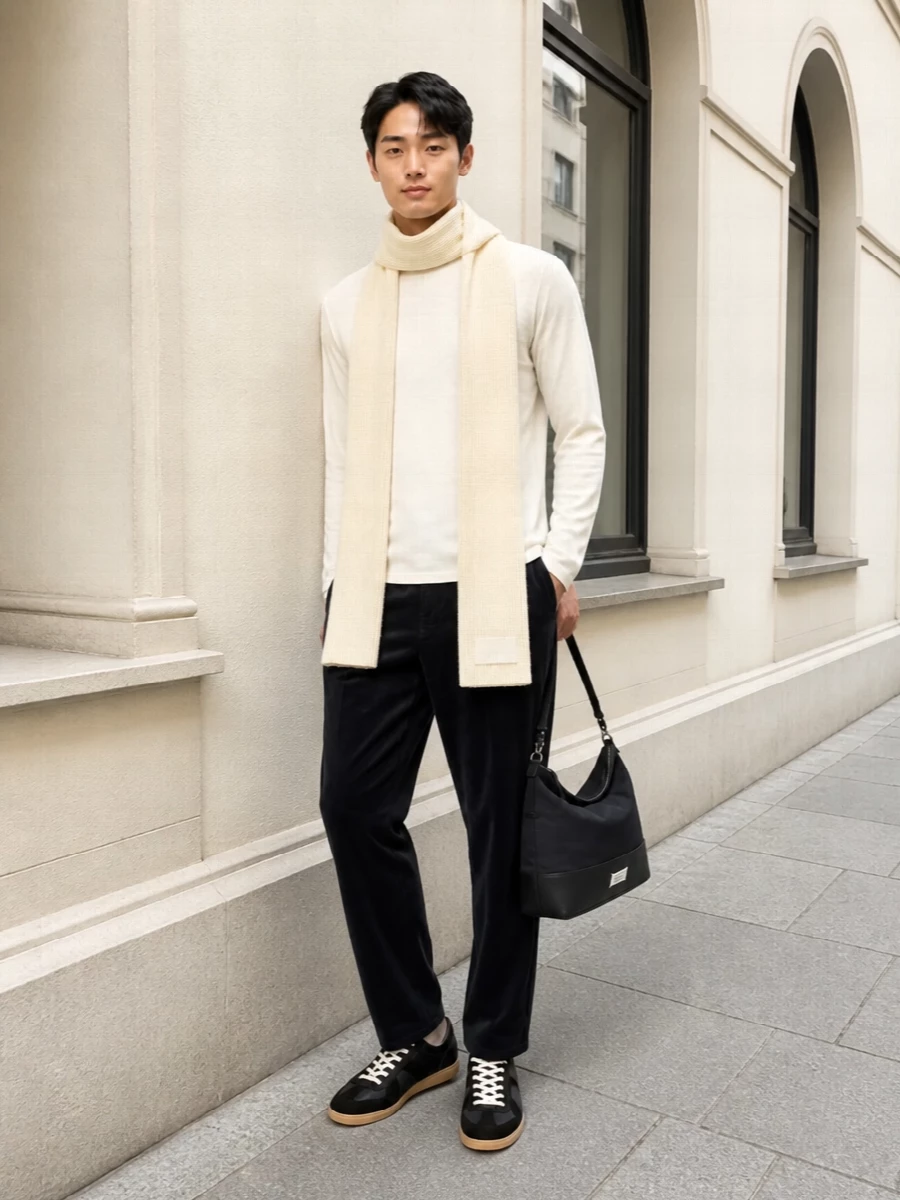 An off-white Courrèges tee sits against inky corduroy tailoring for a quietly graphic black and cream palette. Charcoal Margiela sneakers and a structured Maison shoulder bag keep the mood precise but relaxed, while a buttercream scarf softens the lines for colder days. It is a city-uniform take on minimalism that reads polished without tipping into formality.