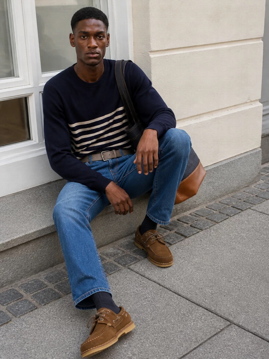 Apc striped sweater mid wash jeans outfit
