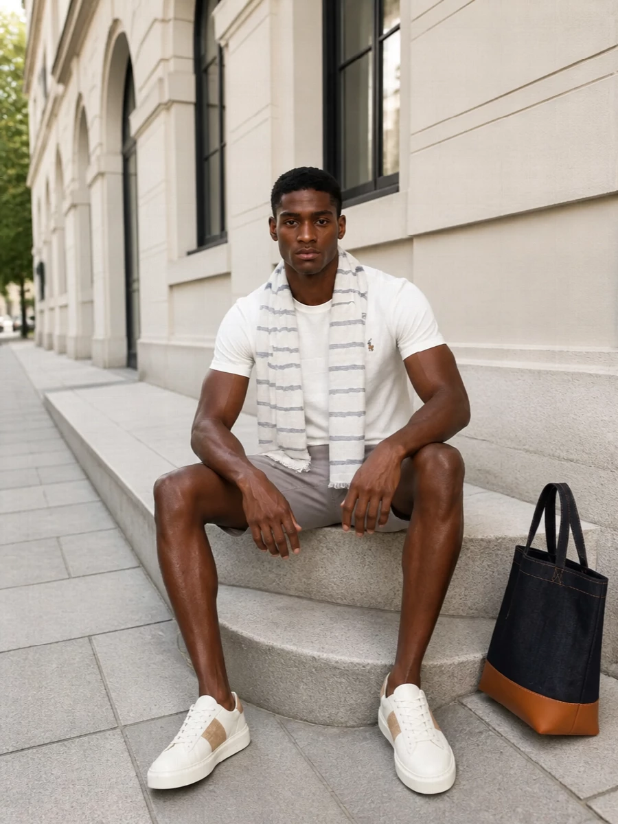 Polo ralph lauren ivory tee taupe shorts outfit