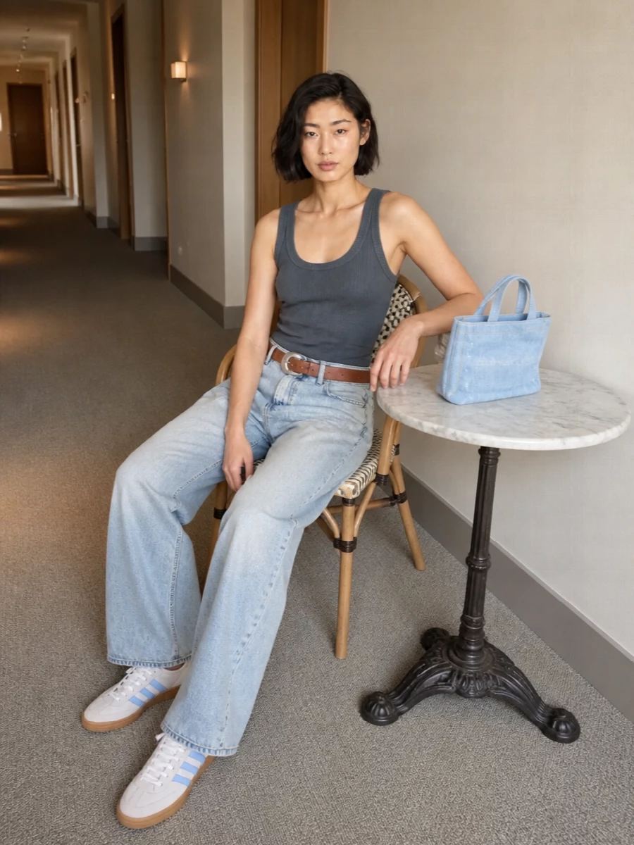 Haikure wide leg jeans ribbed tank adidas sneakers