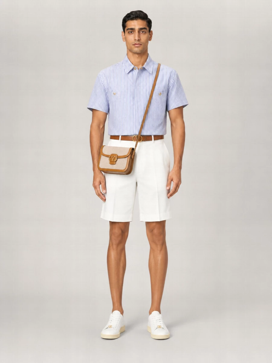 Valentino Linen-Blend Striped Short-Sleeve Shirt