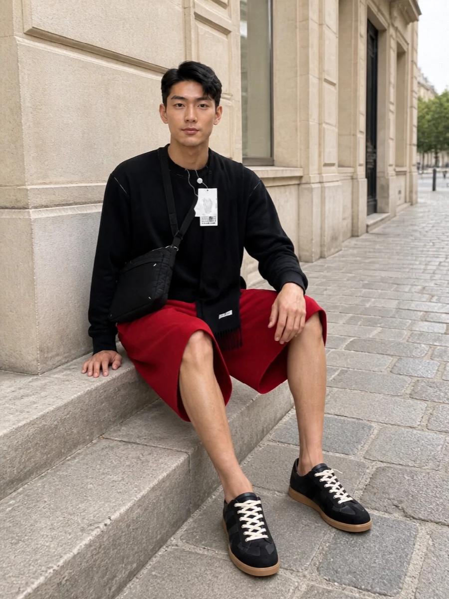 Mm6 red wide leg shorts margiela black sweatshirt