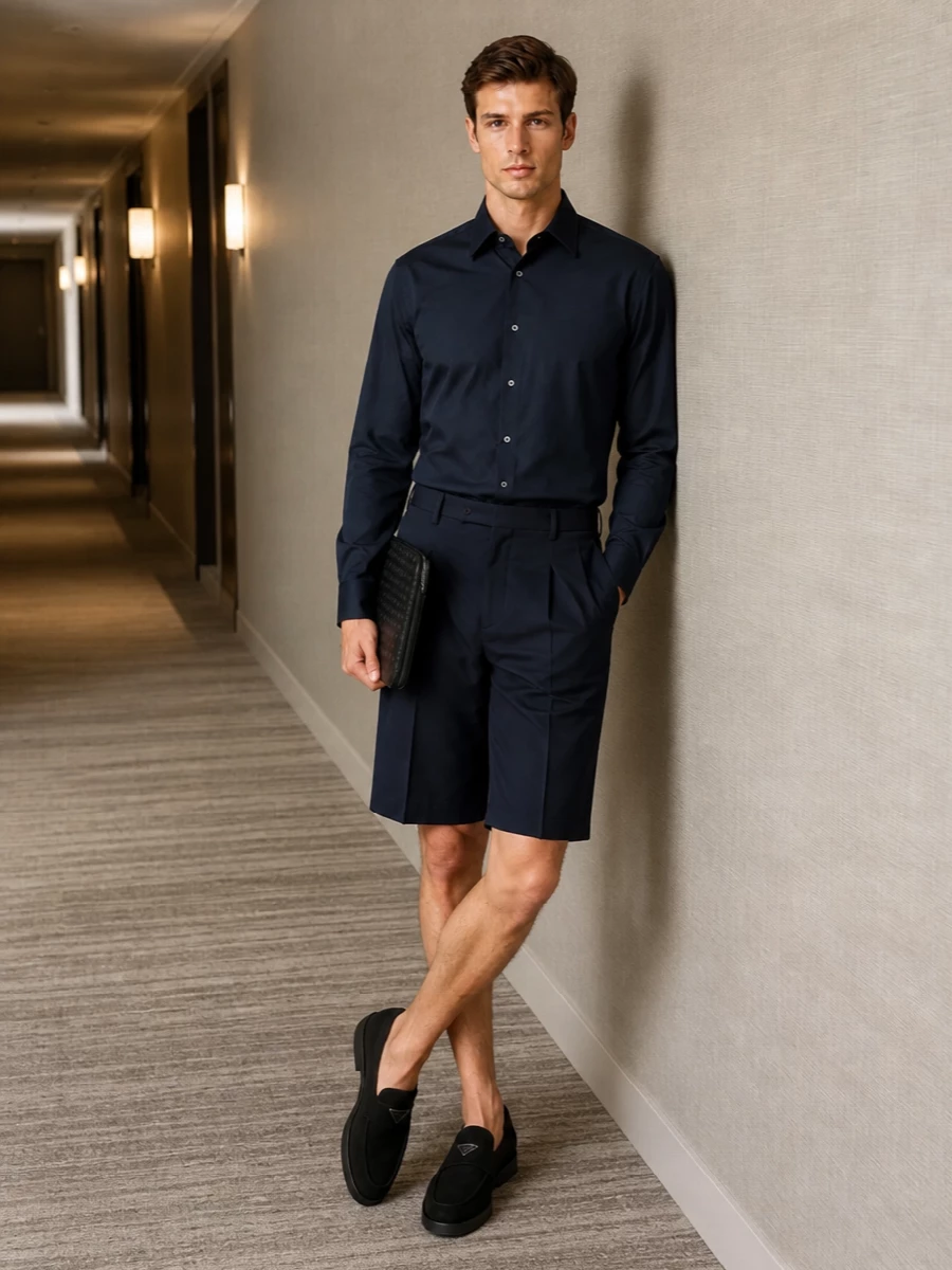 Navy pleated shorts with a matching Pal Zileri shirt create a clean, tailored summer uniform that feels composed rather than casual. Prada loafers sharpen the line without stiffness, while the Bottega portfolio keeps everything firmly in the quiet-luxury, city-ready realm. It is a considered way to do warm-weather dressing when you still want structure and polish around the knee-length volume.