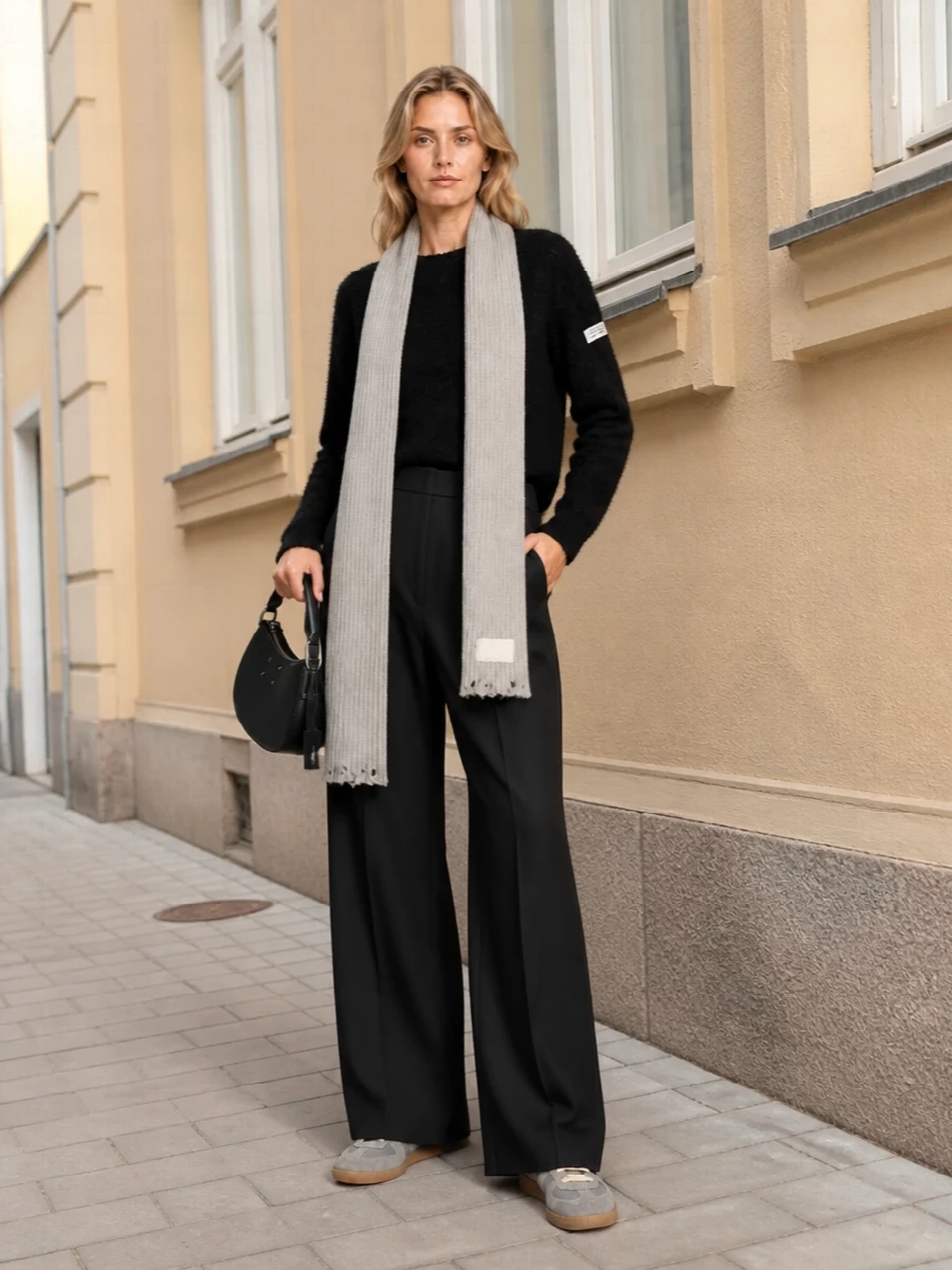 A cocooning fuzzy black knit sits over long, high-waisted black wide-leg trousers for a clean column that still reads relaxed. Grey Margiela sneakers and a curved black shoulder bag keep it city-ready and low-key. The distressed light grey scarf threads in just enough contrast to break the monochrome without losing the minimalist mood.