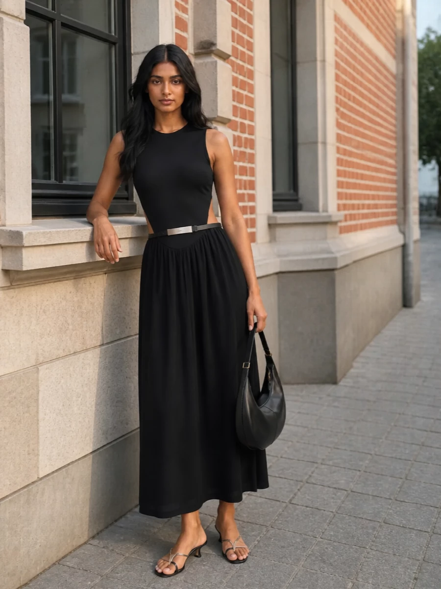 A quietly precise black-on-black palette lets the dress’s cut-out waist and fluid skirt take center stage. The slim kitten-heel mule and sculpted crescent bag keep everything sharp yet soft, ideal for summer cocktails and late dinners. The fine belt adds just enough structure at the waist, refining the column without breaking the clean lines.