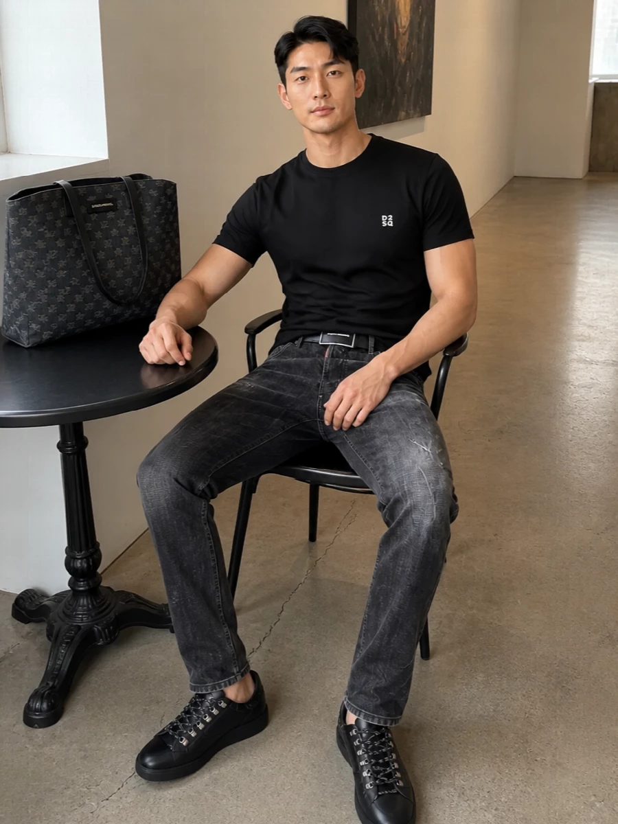 Head-to-toe black keeps this Dsquared2 combination tight and urban, with the washed jeans adding just enough texture against the clean logo tee. The trekking-lace sneakers and logo belt bring subtle hardware moments that feel considered rather than loud, while the monogram tote leans into a practical, downtown rhythm. It is an easy off-duty uniform for cooler days that still reads distinctly designer up close.