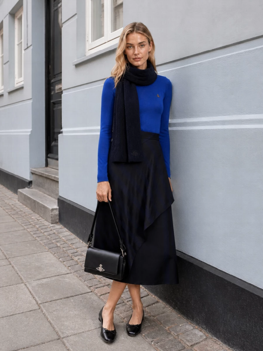 Vivienne westwood cobalt sweater navy midi outfit