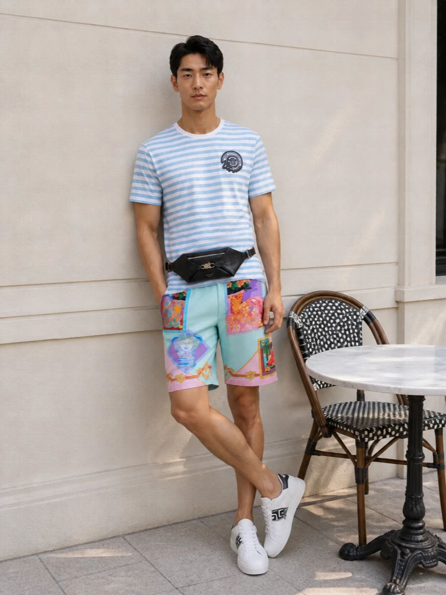 Versace pastel baroque shorts striped tee sneakers