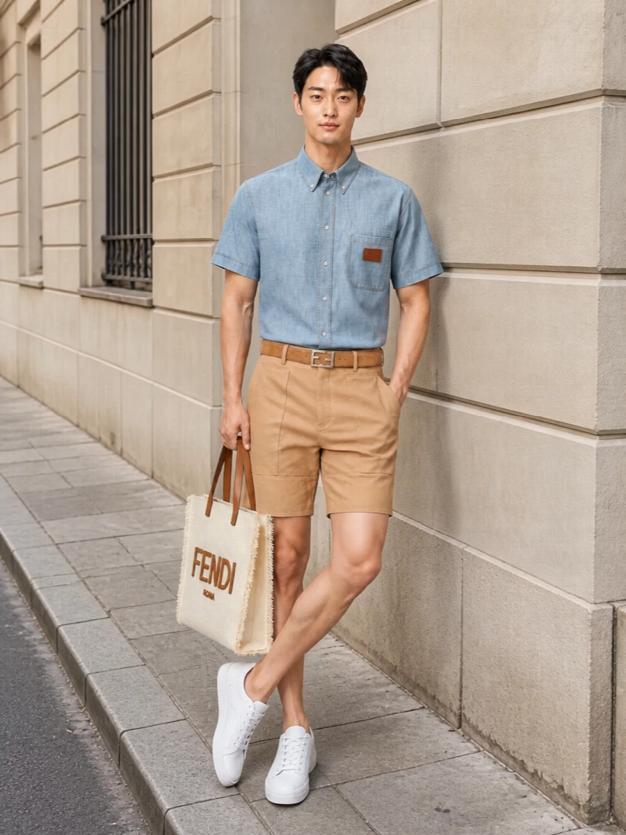 Fendi denim shirt camel shorts summer outfit