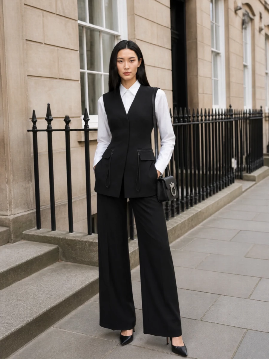 I am building this around the waistcoat as tailoring, so I choose the top and trouser path rather than a dress, which would fight the outerwear’s strong lines. The result is a sharp monochrome column: crisp white shirt, cinched black waistcoat and wide-leg trousers paired with clean black stilettos and a compact cross-body, all reading as confident desk-to-dinner suiting. It feels minimalist and quietly luxurious, with the waist shaping doing the work instead of overt detail.