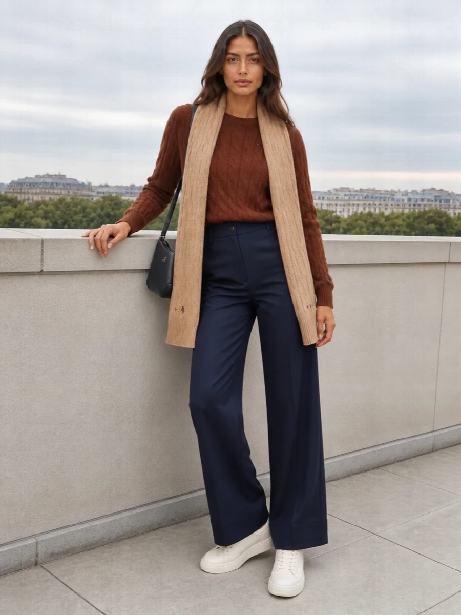 Tommy hilfiger cable sweater navy wide leg trousers
