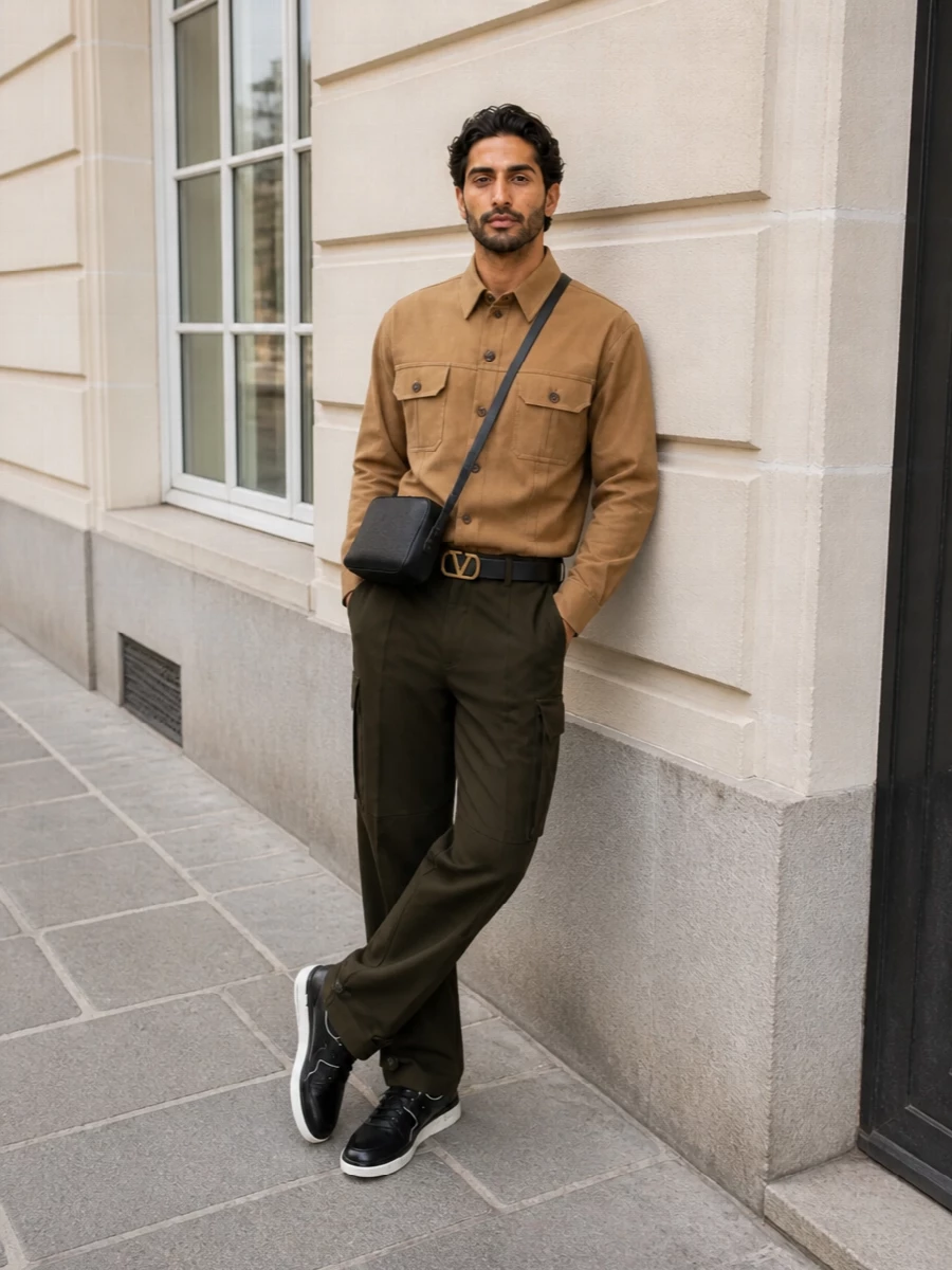 Designer cargo trousers camel overshirt outfit