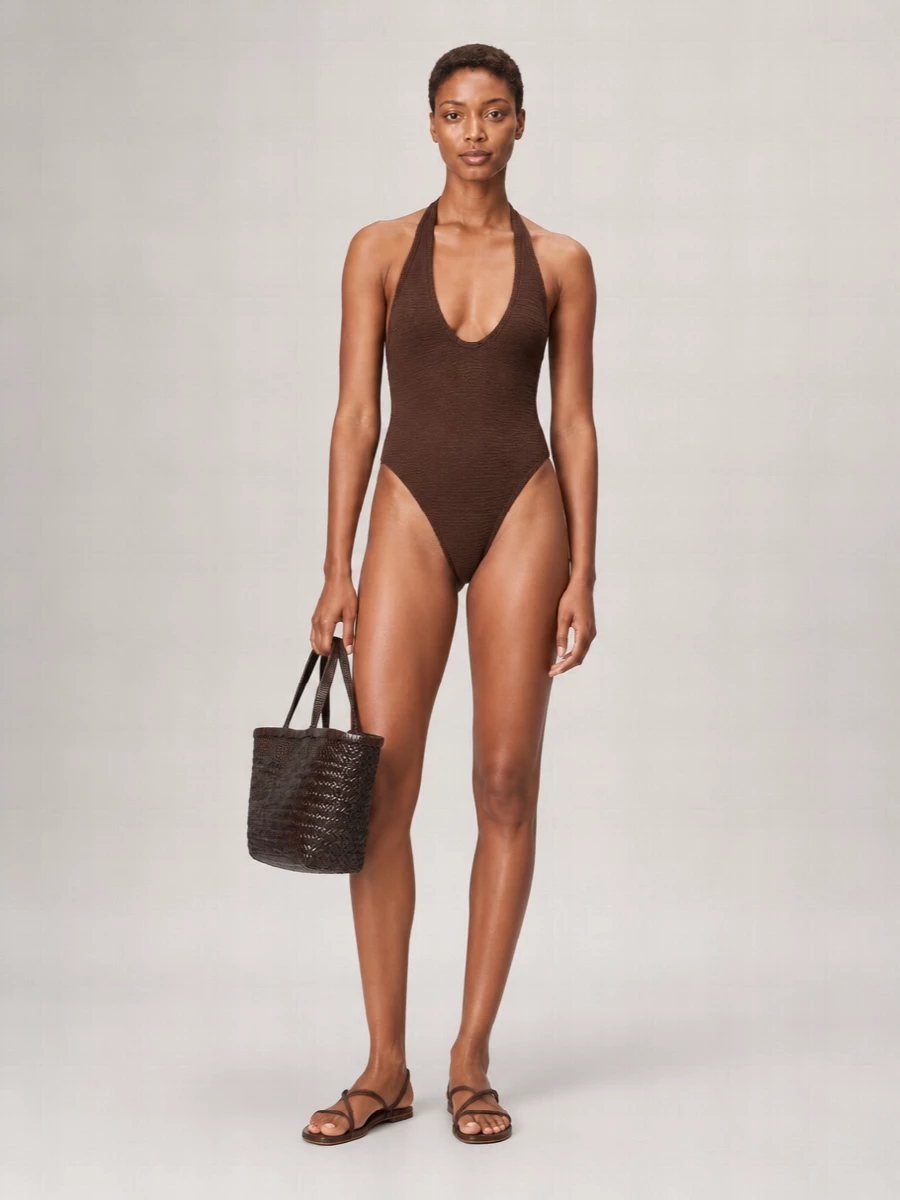 Manebi Woven Basket Medium Leather Beach Bag