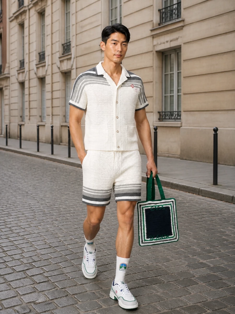 This look builds a refined Casablanca crochet set, pairing the off‑white and grey track shorts with the matching camp-collar shirt for a perfectly coordinated Riviera-sport statement. Retro court sneakers and striped athletic socks keep it grounded in tennis-club ease, while the crochet tote doubles down on texture and colour for a relaxed yet unmistakably luxe summer uniform. It’s laid-back, tonal and highly considered, ideal from poolside terrace to city strolls.